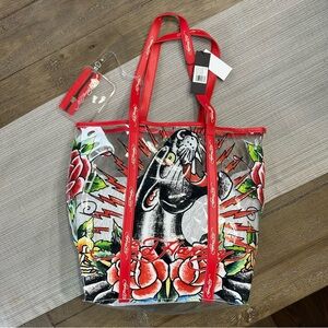 Ed Hardy Clear Tote Bag – Red Roses & Panther Graphic NWT